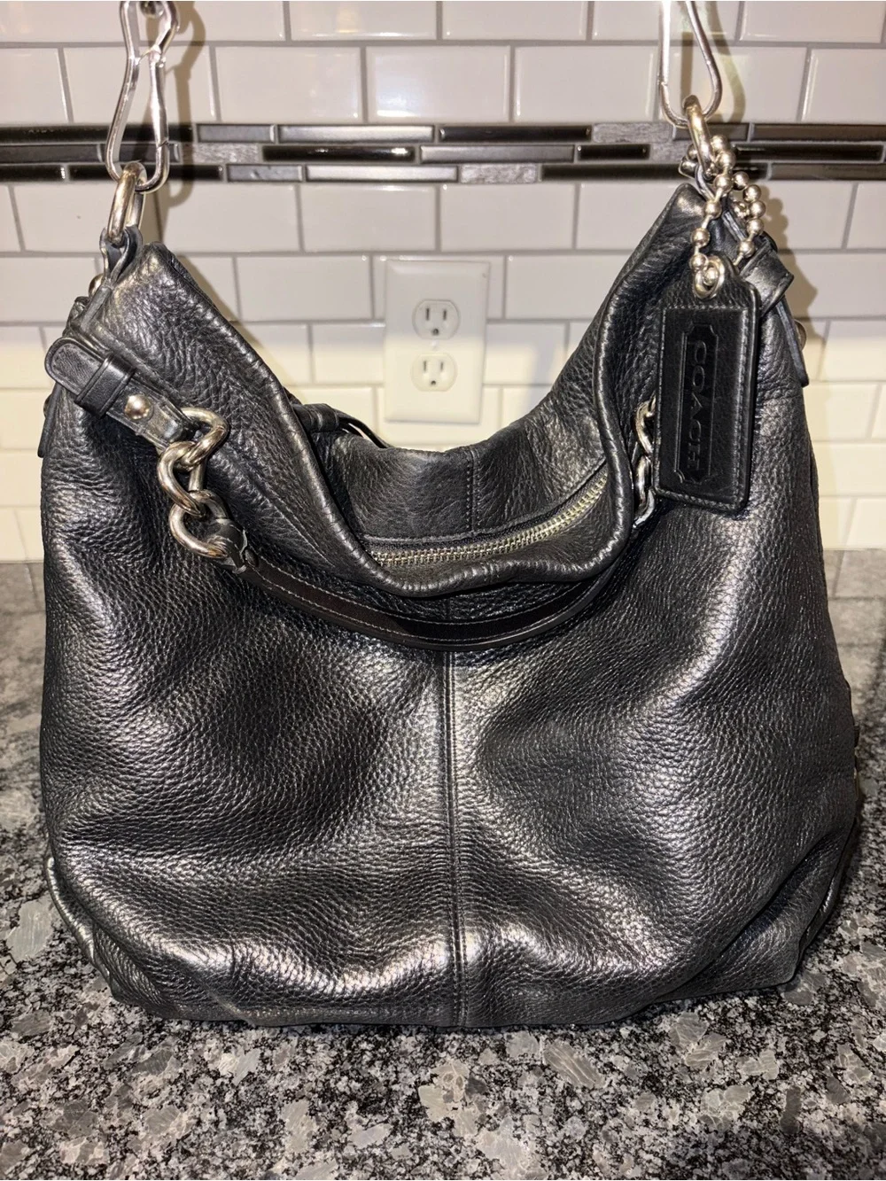 Coach Black Pebbled Leather Shoulder Hobo with Silver Hardware